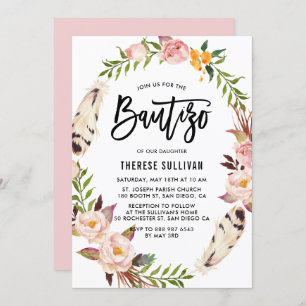 Bohemian Feathers and Blush Floral Wreath Bautizo Invitation