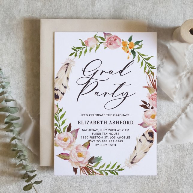 Bohemian Feathers and Floral Wreath Graduation Invitation (Customizable boho graduation invitation featuring watercolor flowers and feathers wreath. )