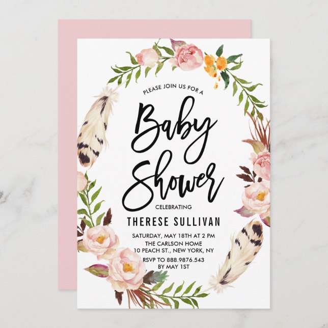 Bohemian Feathers & Floral Wreath Pink Baby Shower Invitation (Front/Back)