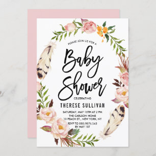 Bohemian Feathers & Floral Wreath Pink Baby Shower Invitation