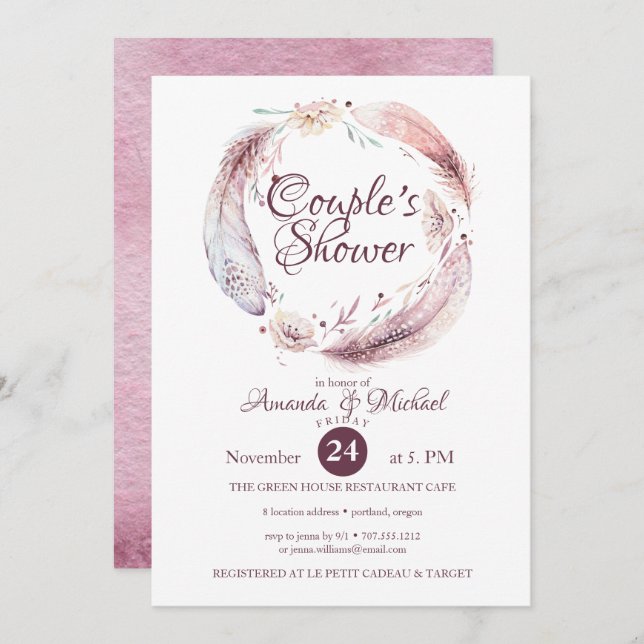 Bohemian Feathers Flowers Wreath Couple Shower Invitation (Front/Back)