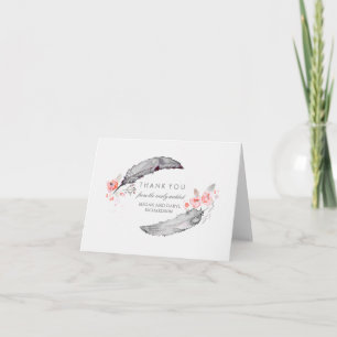 Bohemian Feathers Pink and Grey Wedding Thank You Card