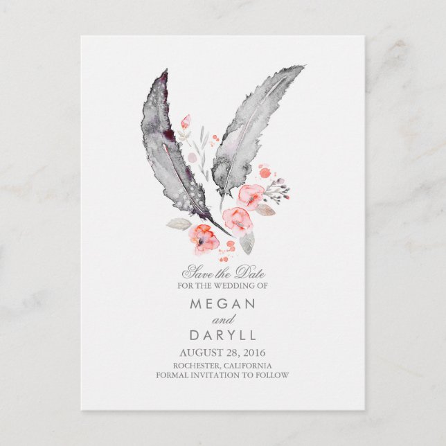 Bohemian Feathers Rustic Save the Date Announcement Postcard (Front)