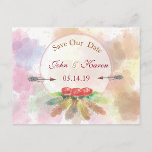 Bohemian feathers watercolor Roses SAVE THE DATE Announcement Postcard