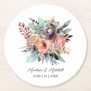 Bohemian Floral Bouquet Watercolor Round Paper Coaster