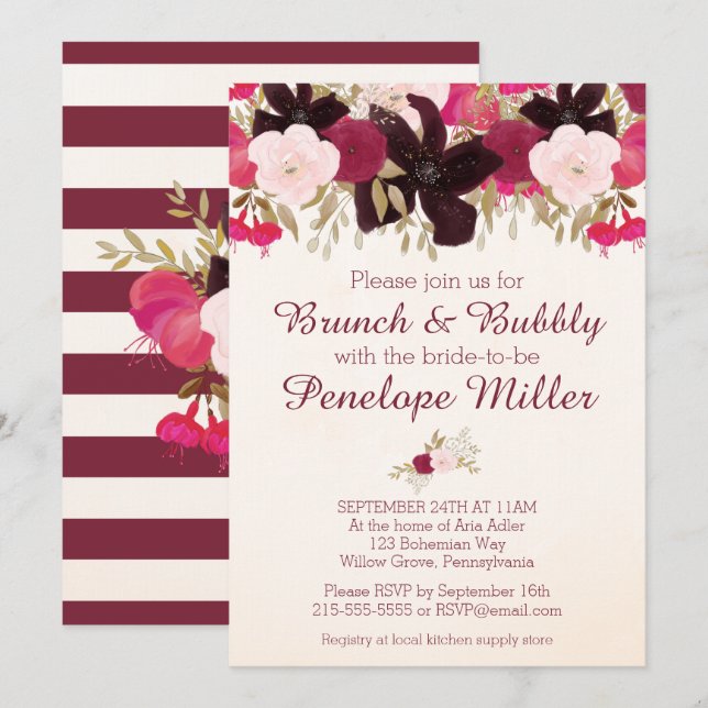 Bohemian Floral Brunch and Bubbly Invitation (Front/Back)