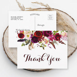 Bohemian Floral Burgundy Fall Wedding Thank You Postcard