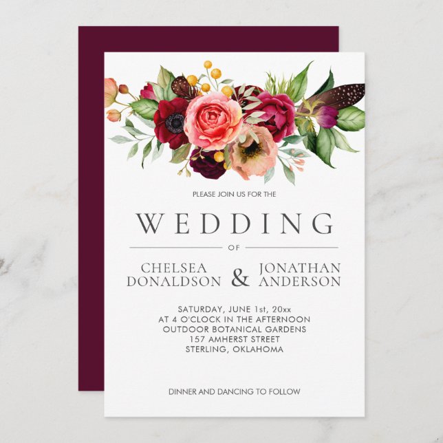 Bohemian Floral Burgundy Feather Wedding | Announcement (Front/Back)