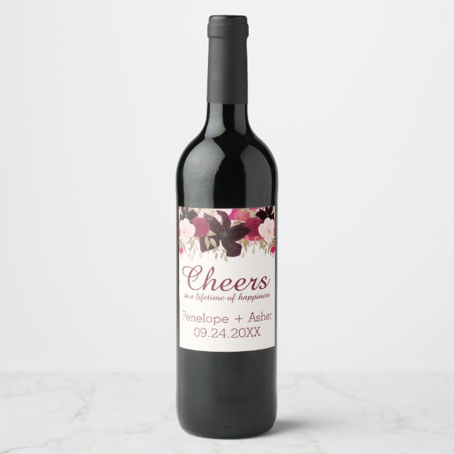 Bohemian Floral "Cheers" Wedding Wine Labels (Front)