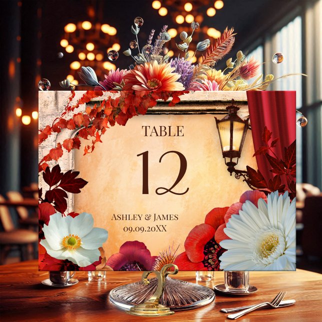 Bohemian Floral Classic Autumn Table Number Card (Table number card featuring a classic Italian design with autumn leaves and flowers on terra cotta)