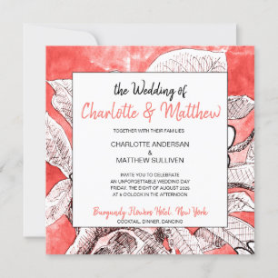 Bohemian Floral Coral Drawing Watercolor Wedding Invitation