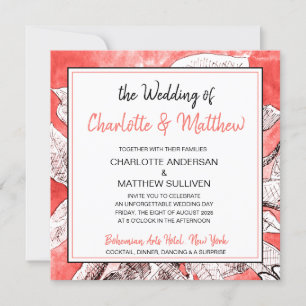 Bohemian Floral Coral Drawing Watercolor Wedding Invitation