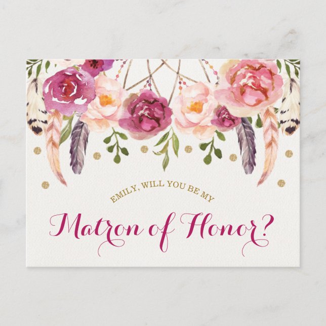 Bohemian Floral Dreamcatcher Matron of Honour Card (Front)