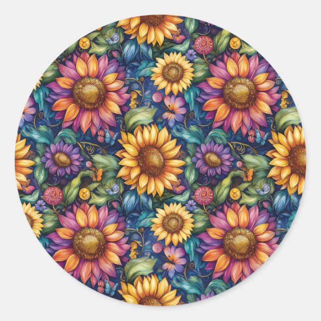 Bohemian Floral Dreamscape Vibrant Pattern Classic Round Sticker (Front)
