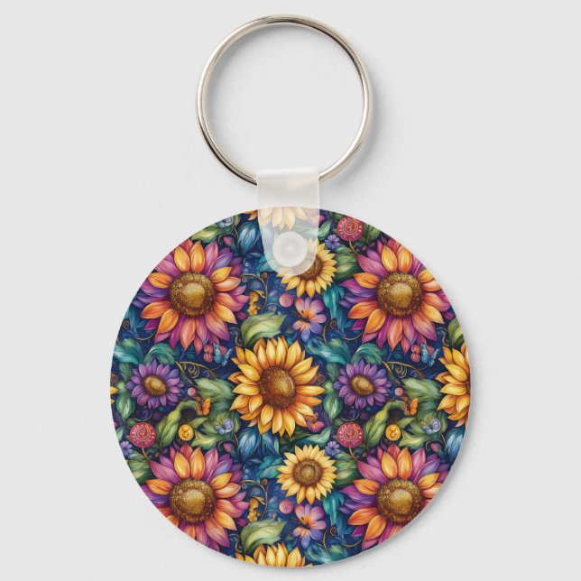Bohemian Floral Dreamscape Vibrant Pattern Key Ring (Front)
