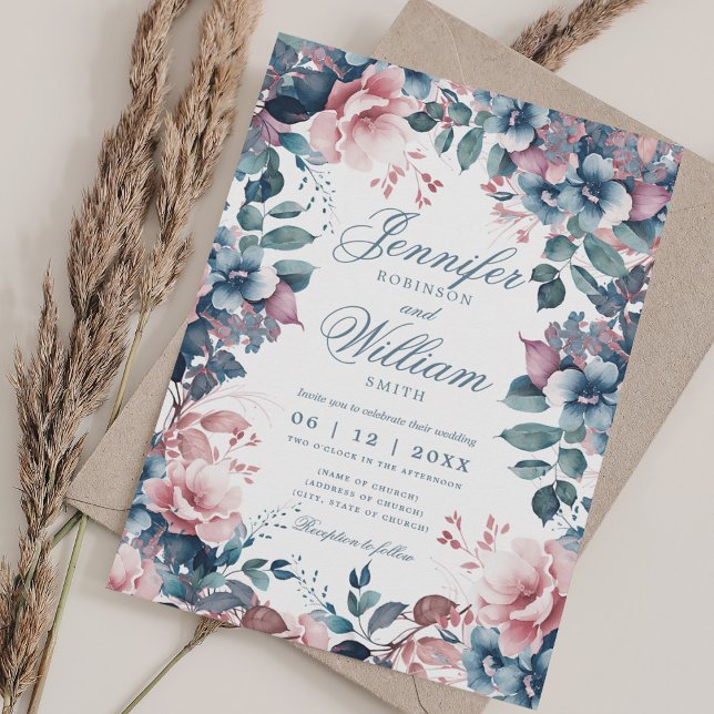 Bohemian Floral Dusty Blue Elegant Wedding  Invitation (Bohemian Floral Dusty Blue Elegant Wedding Invitation)