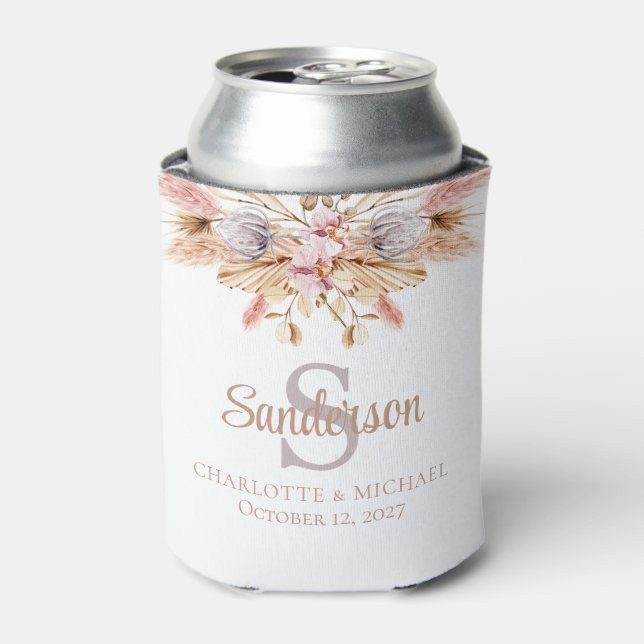 Bohemian Floral Dusty Pink Personalised Wedding Can Cooler (Can Front)