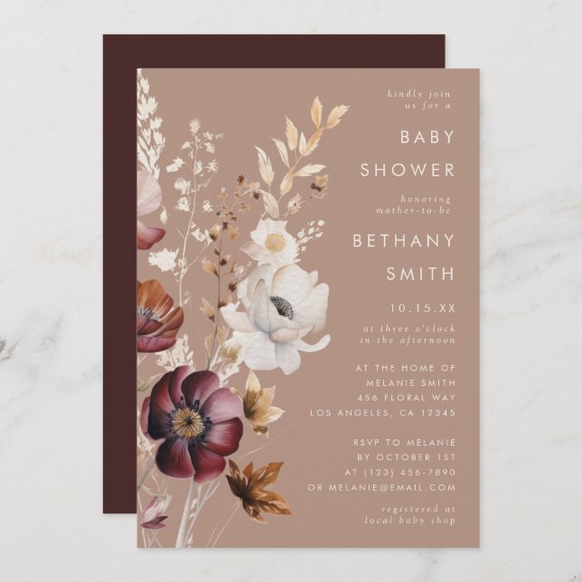 Bohemian Floral Fall Taupe Baby Shower Invitation (Front/Back)