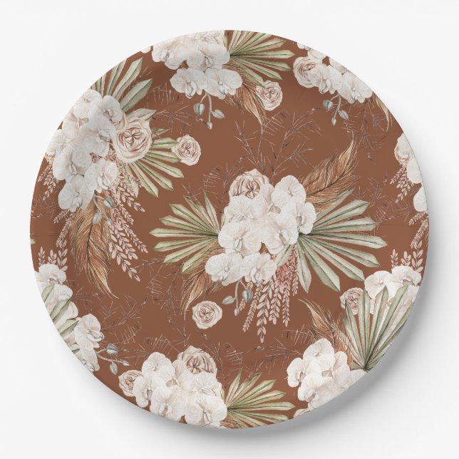 Bohemian Floral & Feathers Paper Plate (Front)