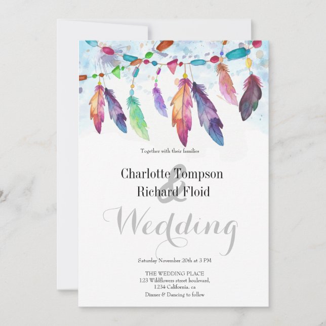 Bohemian Floral Feathers Wedding  Invitation (Front)
