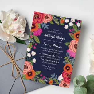 Bohemian Floral Frame - Navy Blue Wedding Invitation