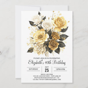 Bohemian Floral Gold and Black 30th Birthday Invitation
