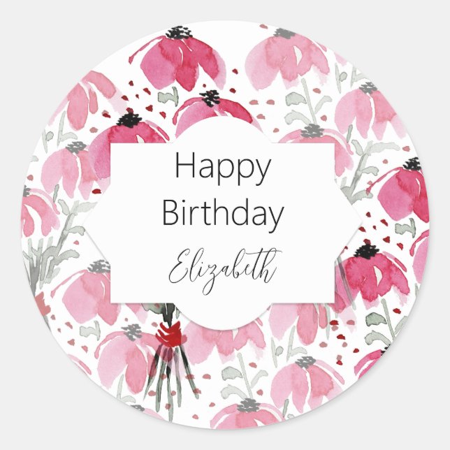 Bohemian Floral In Pink Black And White Classic Round Sticker (Front)