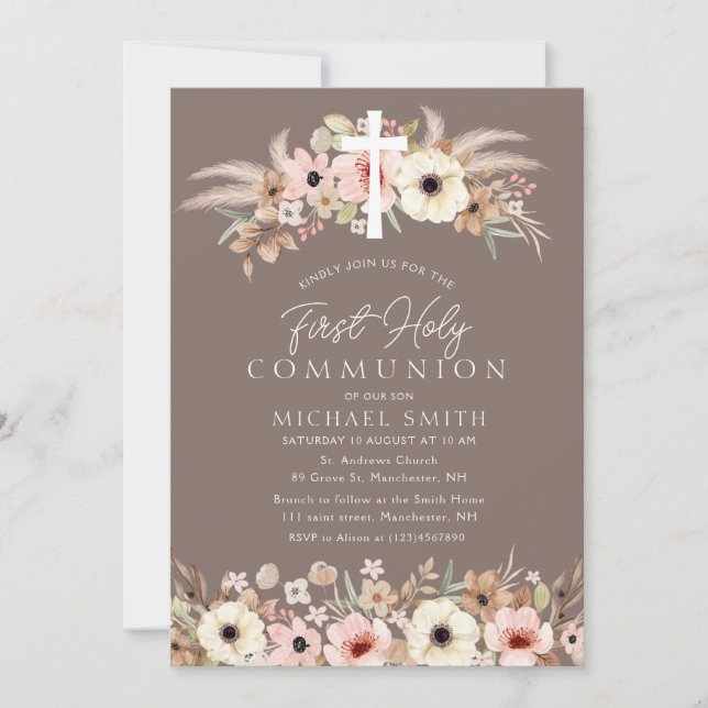 bohemian floral modern first communion invitation (Front)