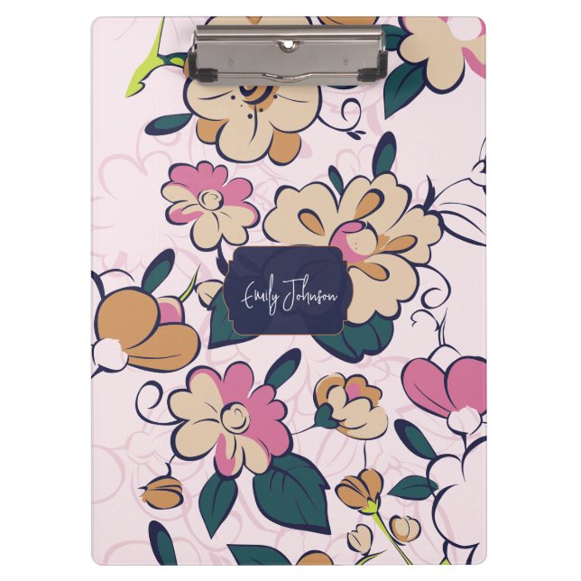 Bohemian Floral Navy Name Monogram Clipboard (Front)