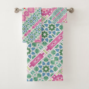 Bohemian floral pattern Watercolor mosaic design Bath Towel Set
