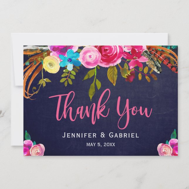 Bohemian Floral Pink Navy Script Wedding Thank You (Front)