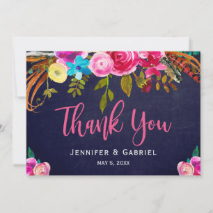 Bohemian Floral Pink Navy Script Wedding Thank You Card