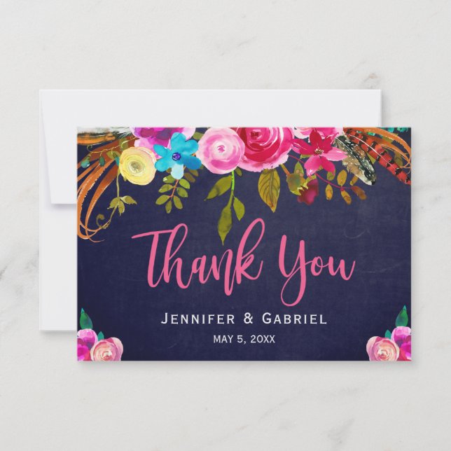 Bohemian Floral Pink Navy Script Wedding Thank You Card (Front)