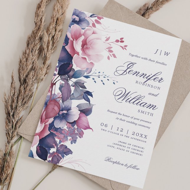Bohemian Floral Purple Wedding Elegant  Invitation (Bohemian Floral Purple Wedding Elegant Invitation)