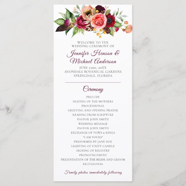 Bohemian Floral Romance Wedding Program Programme (Front)