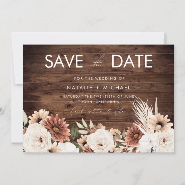 Bohemian Floral Rustic Wood Wedding Save The Date (Front)