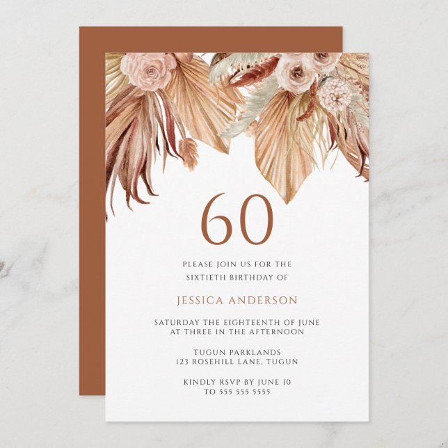 Bohemian Floral Terracotta Boho 60th Birthday  Invitation (Front/Back)