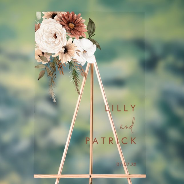 Bohemian Floral Terracotta Wedding Acrylic Sign (Neutral)