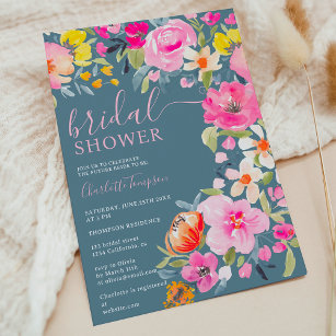 Bohemian floral watercolor blue bridal shower invitation