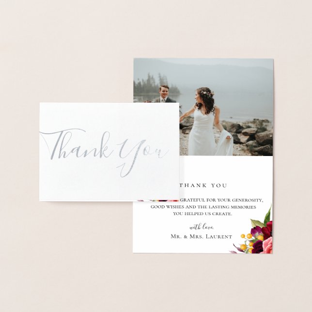 Bohemian Floral Wedding Photo Foil Thank You Card (Display)