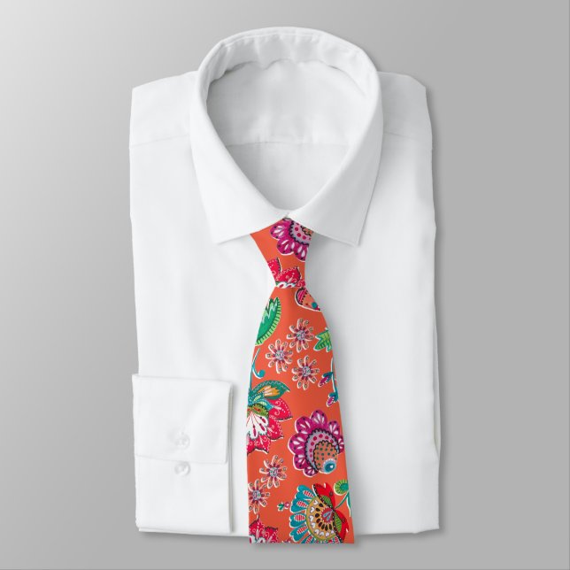 Bohemian folk art floral pattern orange wedding tie (Tied)