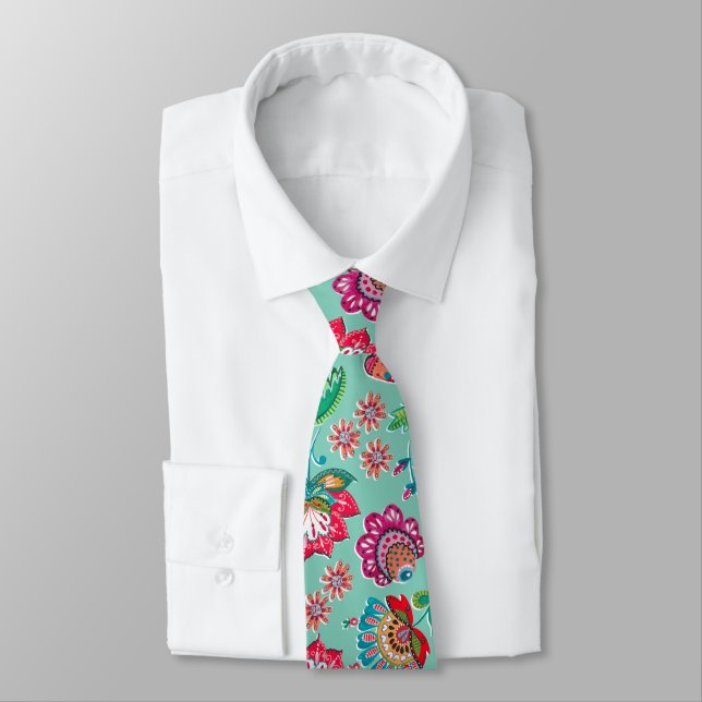 Bohemian folk art floral pattern turquoise wedding tie (Tied)