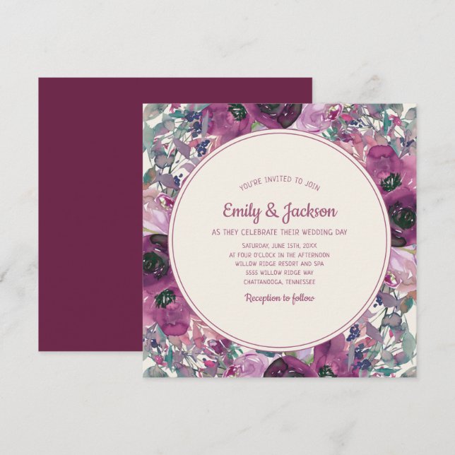 Bohemian Garden Purple Watercolor Floral Wedding Invitation (Front/Back)