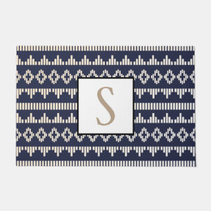 Bohemian Geometric Cream & Navy   Monogram Doormat