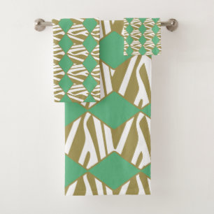 Bohemian geometrical white, beige & turquoise bath towel set