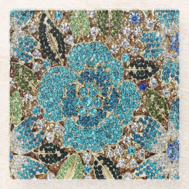 bohemian girly chic silver turquoise blue flower glass coaster (Front)