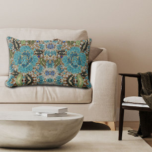 bohemian girly chic silver turquoise blue flower lumbar cushion