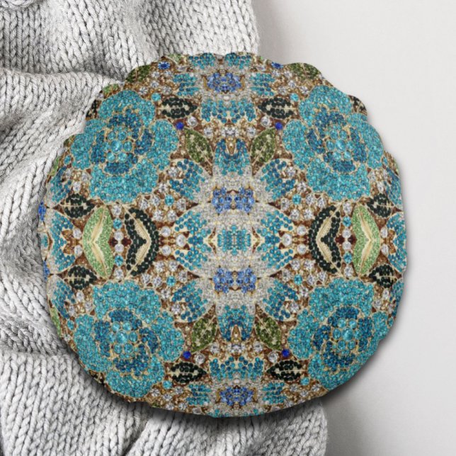 bohemian girly chic silver turquoise blue flower round cushion (bohemian girly chic silver turquoise blue flower round pillow)
