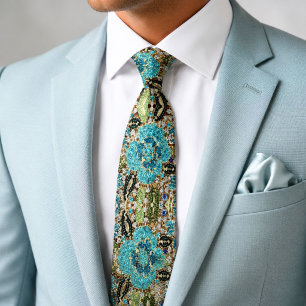 bohemian girly chic silver turquoise blue flower tie