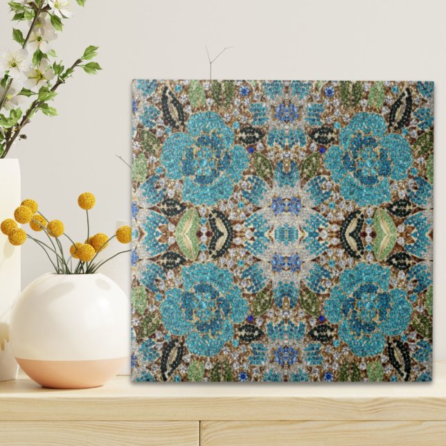 bohemian girly chic silver turquoise blue flower tile (bohemian girly chic silver turquoise blue flower ceramic tile)